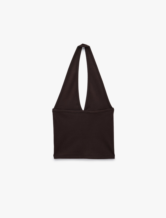  Pamuklu Dikiş Detaylı Kolsuz Slim Fit Crop Halter Yaka Bluz