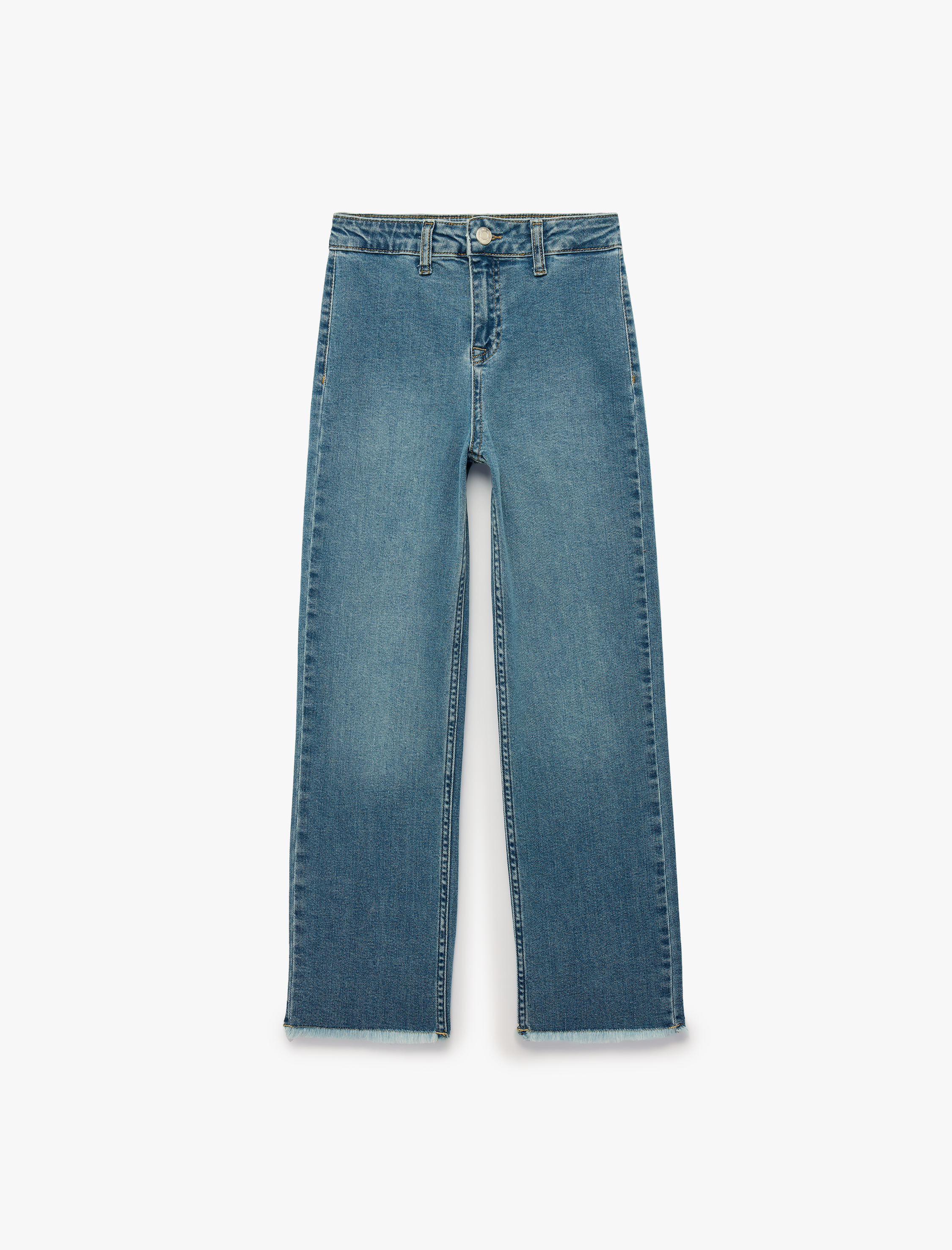  Kız Çocuk Pamuklu Yüksek Bel Cepli Denim Pantolon