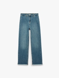 Pamuklu Yüksek Bel Cepli Denim Pantolon