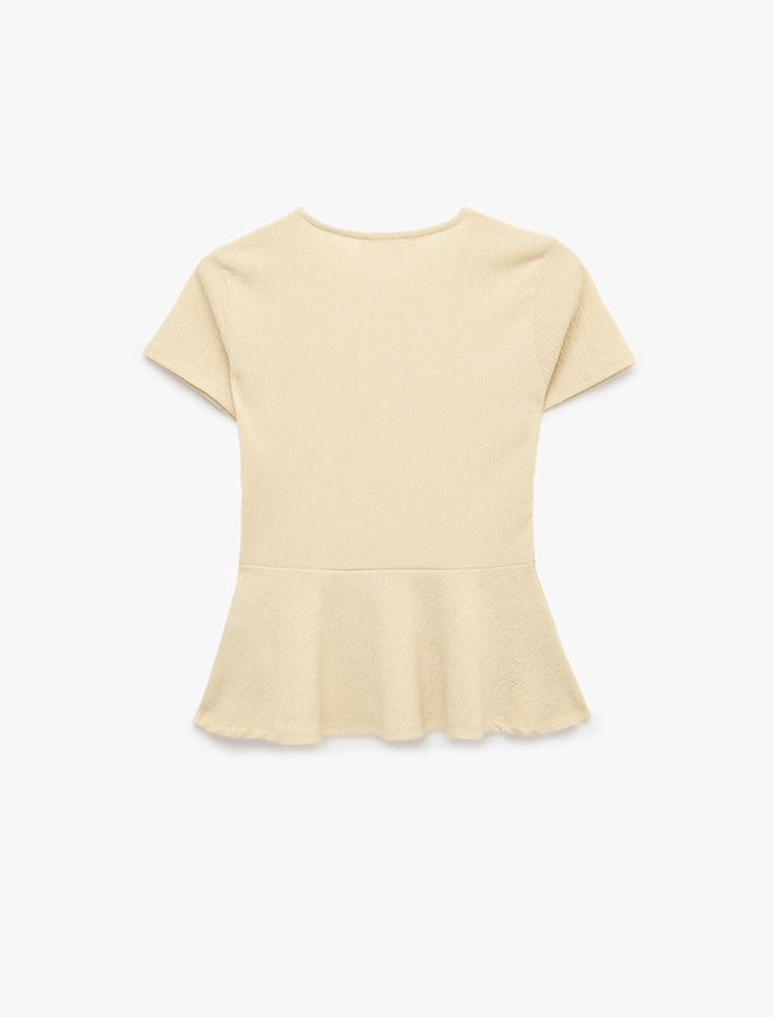  Bürümcük Kumaş Slim Fit Kısa Kollu Bisiklet Yaka Volanlı Peplum Kesim Tişört
