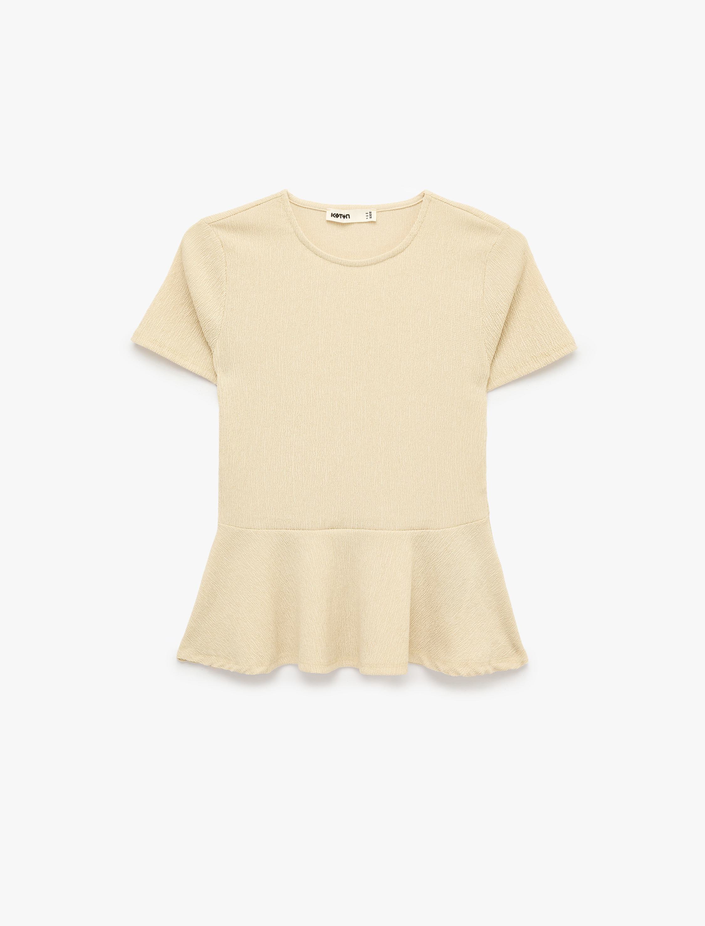   Bürümcük Kumaş Slim Fit Kısa Kollu Bisiklet Yaka Volanlı Peplum Kesim Tişört