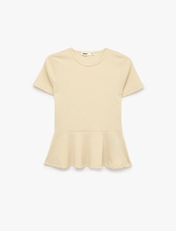 Bürümcük Kumaş Slim Fit Kısa Kollu Bisiklet Yaka Volanlı Peplum Kesim Tişört
