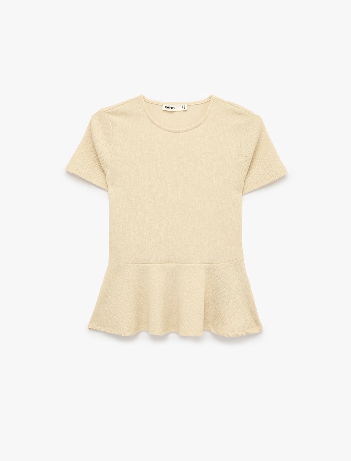  Bürümcük Kumaş Slim Fit Kısa Kollu Bisiklet Yaka Volanlı Peplum Kesim Tişört