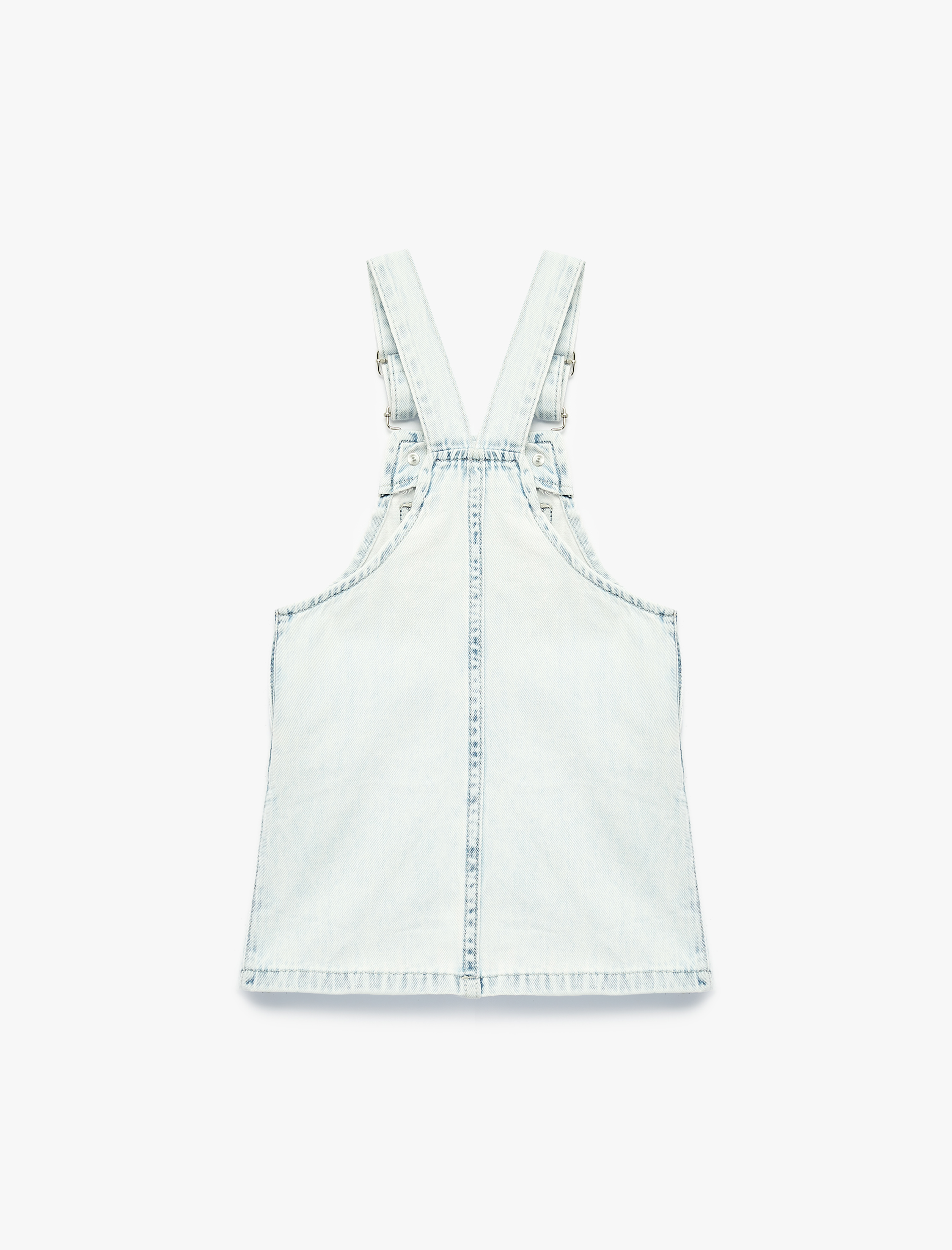  Kız Bebek Çiçek Nakış Detaylı Cepli Askılı Denim Jile Elbise