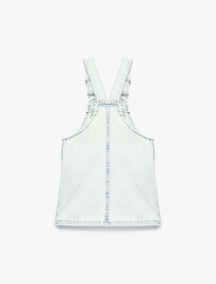 Kız Bebek Çiçek Nakış Detaylı Cepli Askılı Denim Jile Elbise