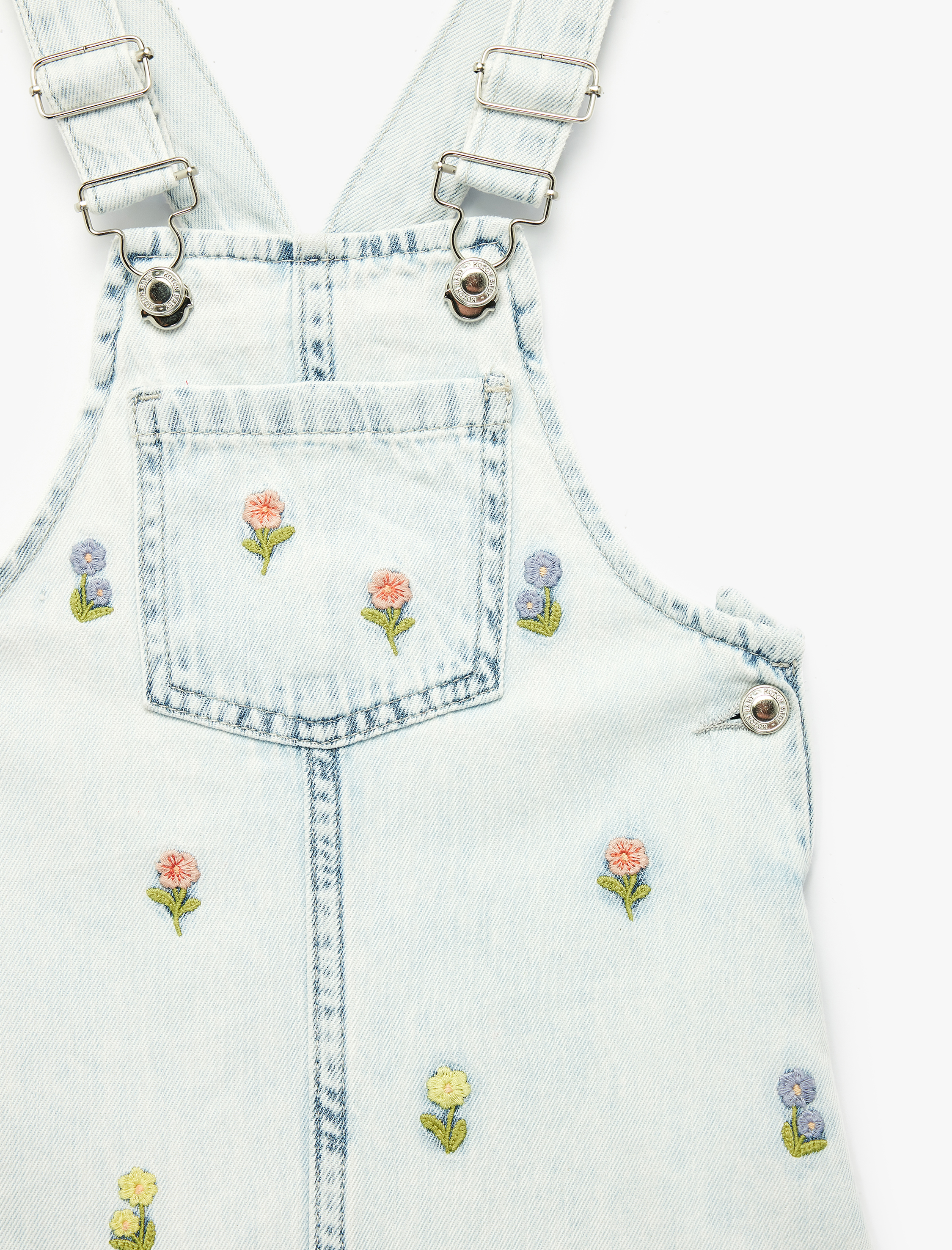  Kız Bebek Çiçek Nakış Detaylı Cepli Askılı Denim Jile Elbise