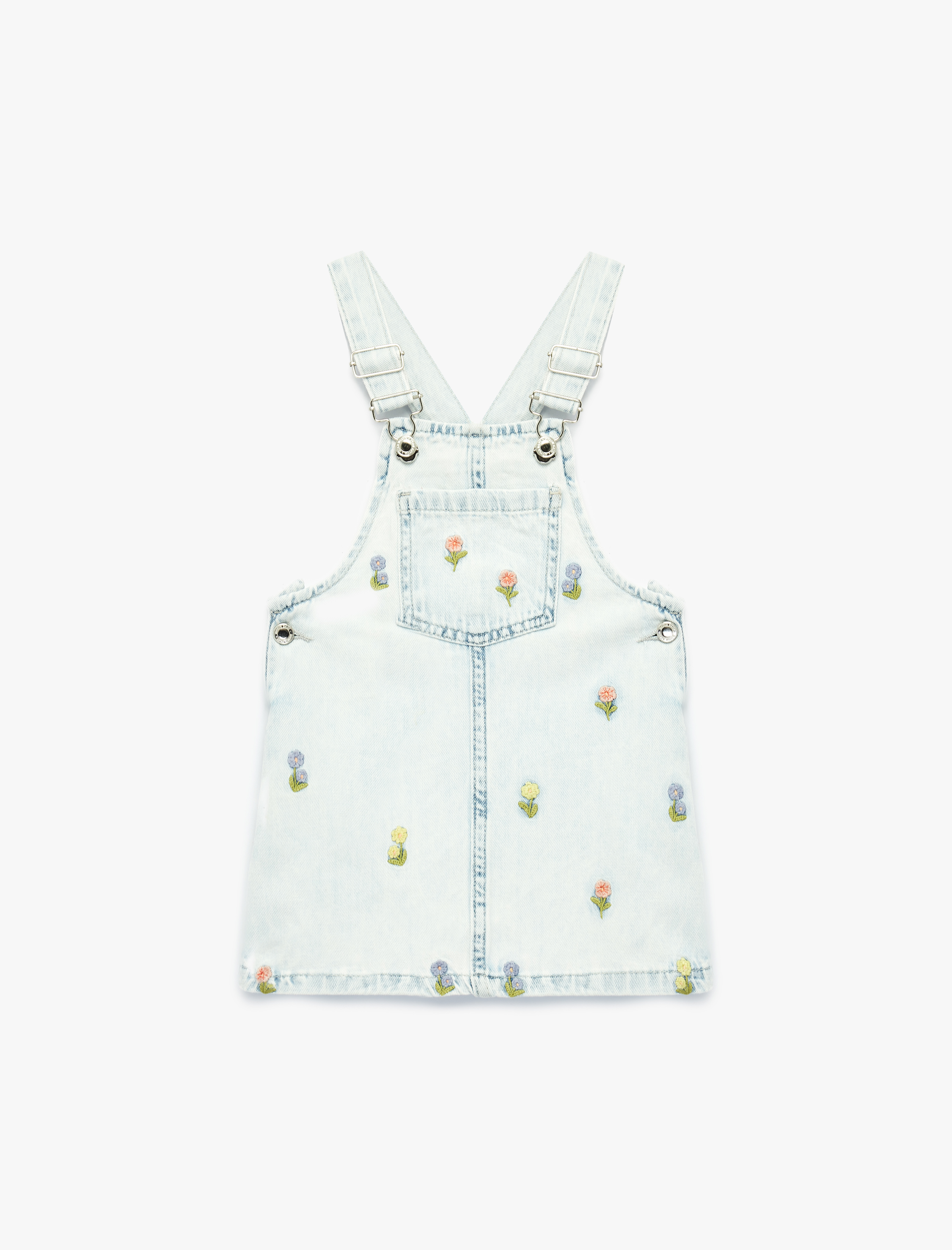 Kız Bebek Çiçek Nakış Detaylı Cepli Askılı Denim Jile Elbise
