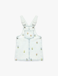 Çiçek Nakış Detaylı Cepli Askılı Denim Jile Elbise