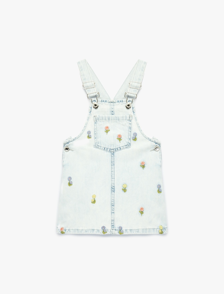 Koton Kız Bebek Çiçek Nakış Detaylı Cepli Askılı Denim Jile Elbise