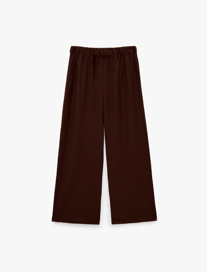  Rahat Kalıp Beli Bağcıklı Geniş Paça Keten Karışımlı Pantolon