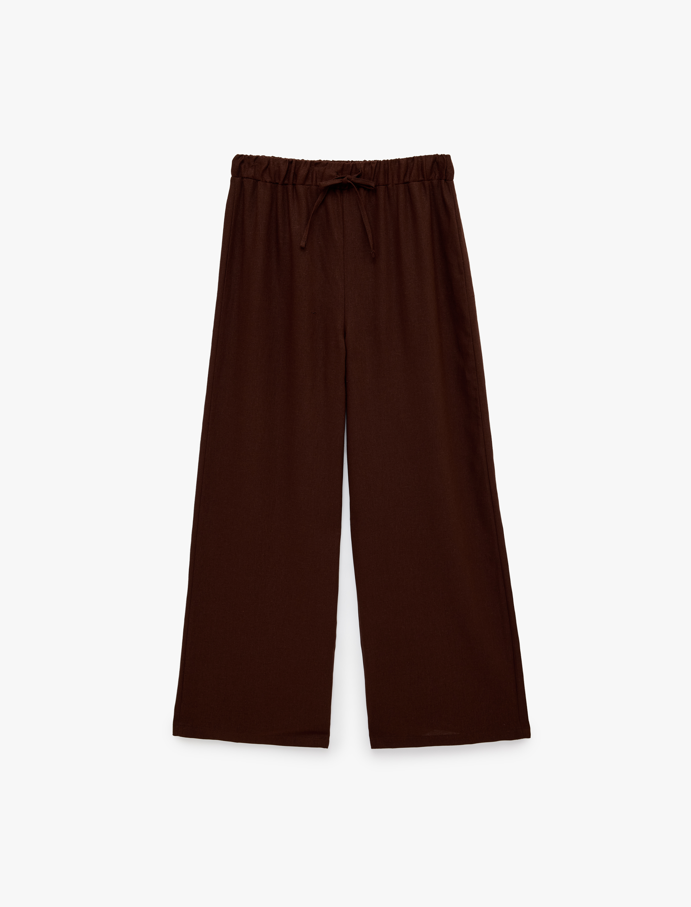   Rahat Kalıp Beli Bağcıklı Geniş Paça Keten Karışımlı Pantolon