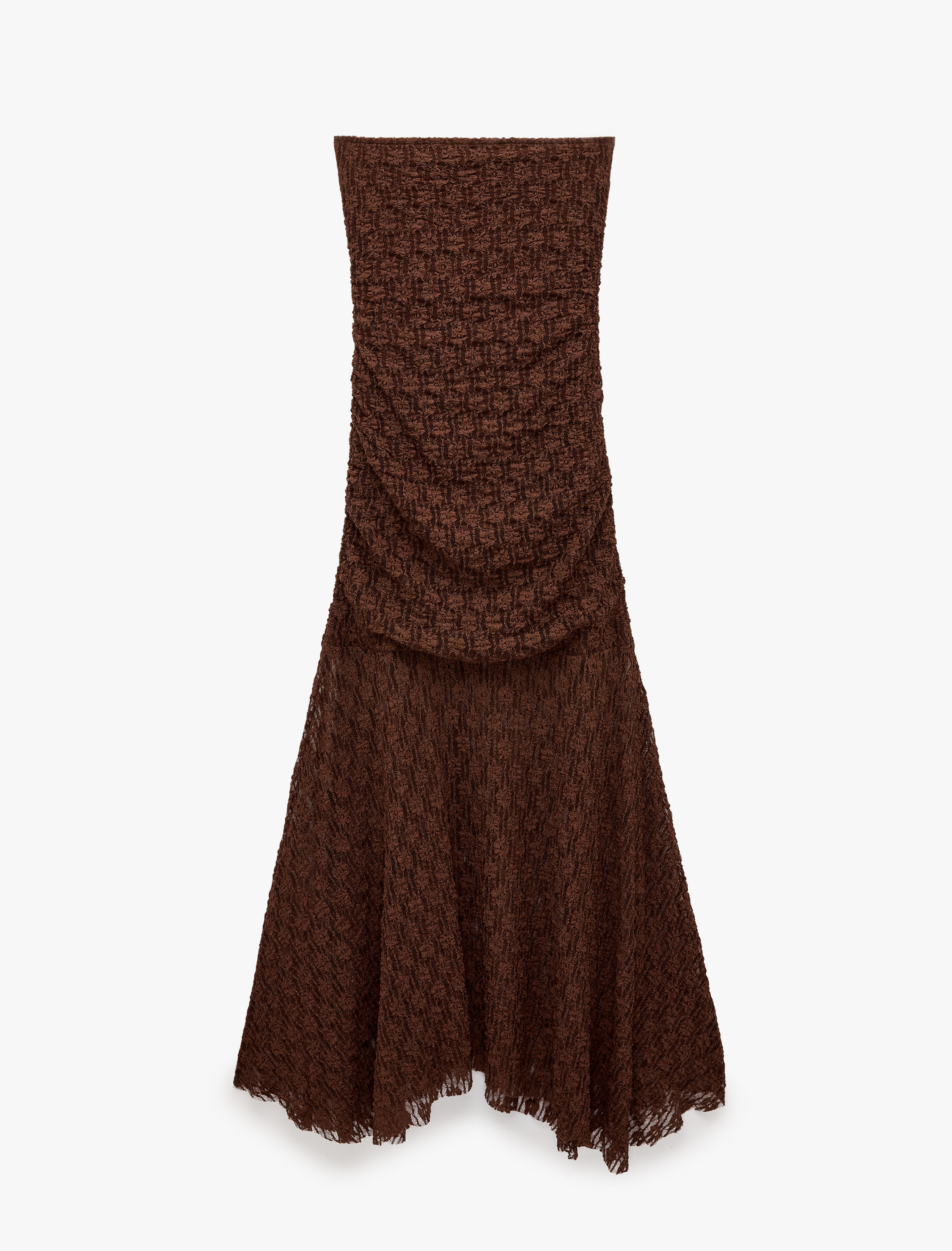   Drape Detaylı Asimetrik Kesim Dantel Puantiyeli Dokulu Straplez Midi Elbise