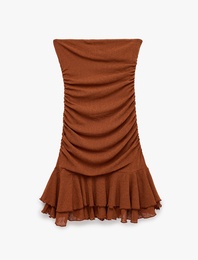 Slim Fit Drapeli Fırfırlı Straplez Mini Elbise