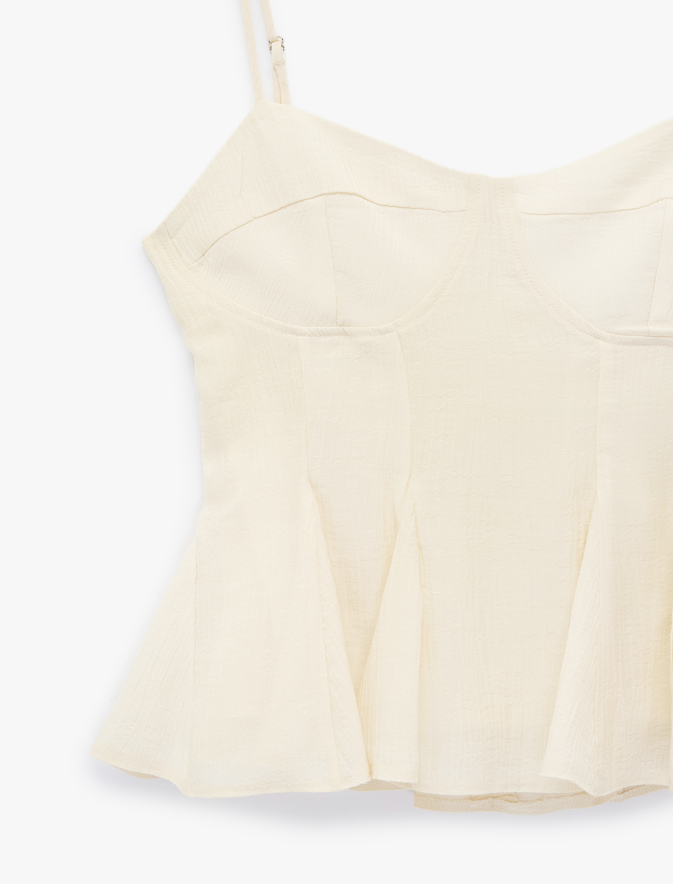   Viskon Kumaş Dokulu Slim Fit Volanlı Peplum İp Askılı Korse Bluz