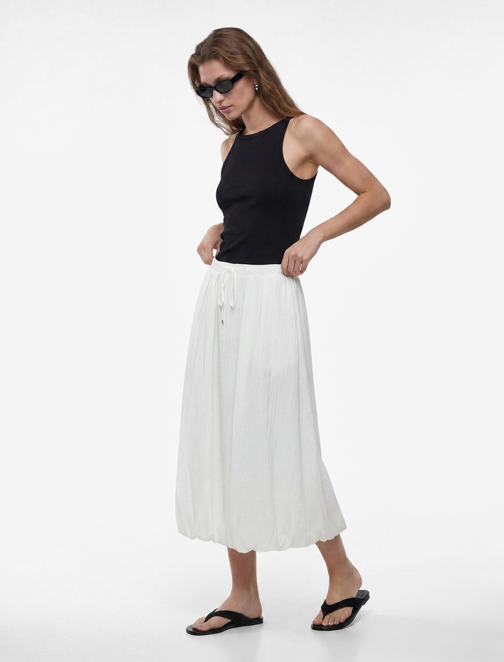  Viskon Kumaş Beli Bağcıklı Cepli Midi Boy Balon Etek