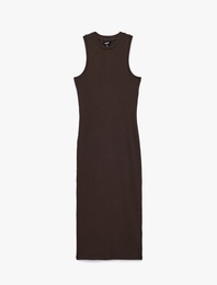 Kaşkorse Pamuklu Slim Fit Bisiklet Yaka Kolsuz Fitilli Bodycon Midi Elbise