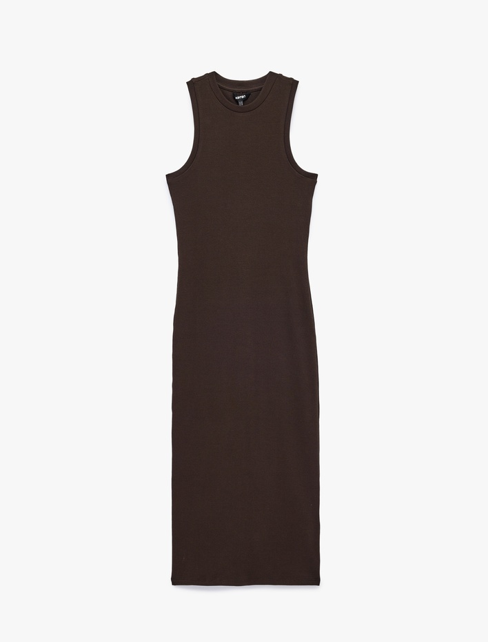  Kaşkorse Pamuklu Slim Fit Bisiklet Yaka Kolsuz Fitilli Bodycon Midi Elbise