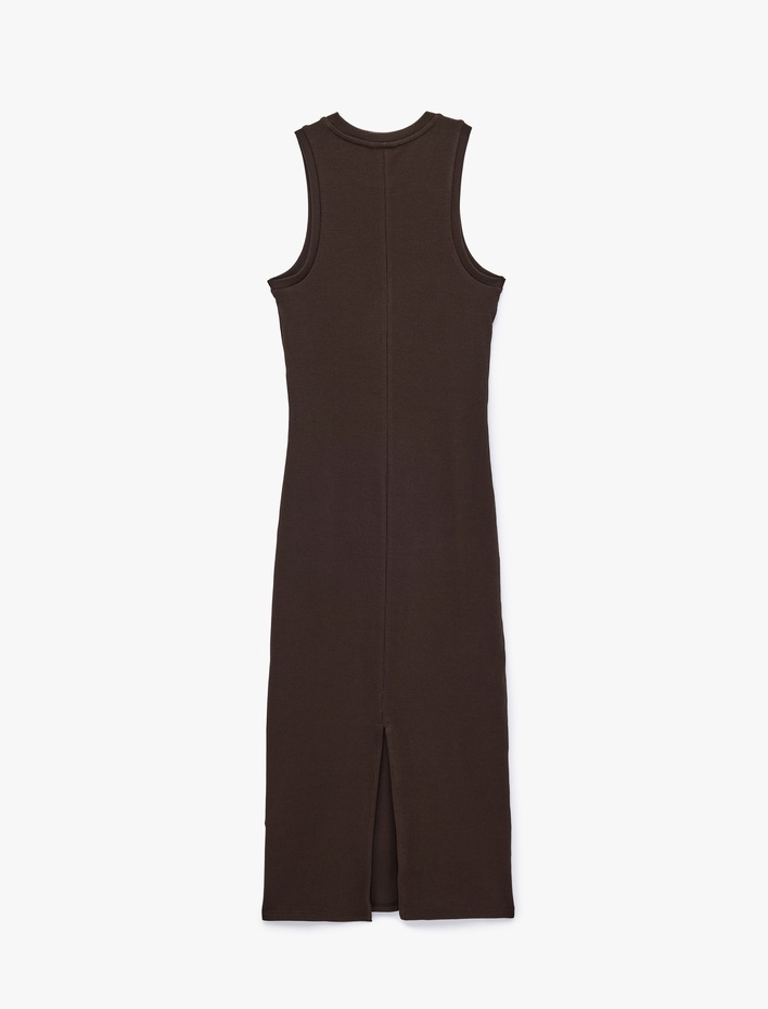  Kaşkorse Pamuklu Slim Fit Bisiklet Yaka Kolsuz Fitilli Bodycon Midi Elbise