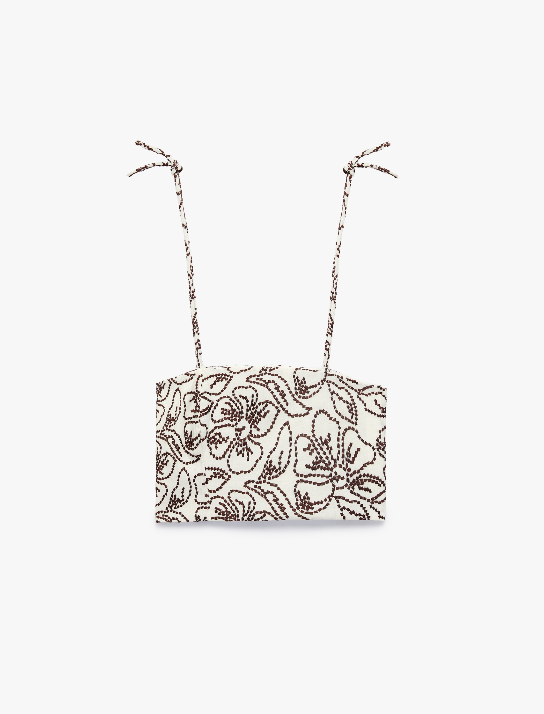   Koton X Melis Ağazat - Keten Karışımlı Floral Nakış Detaylı Bağlamalı İp Askılı Crop Büstiyer