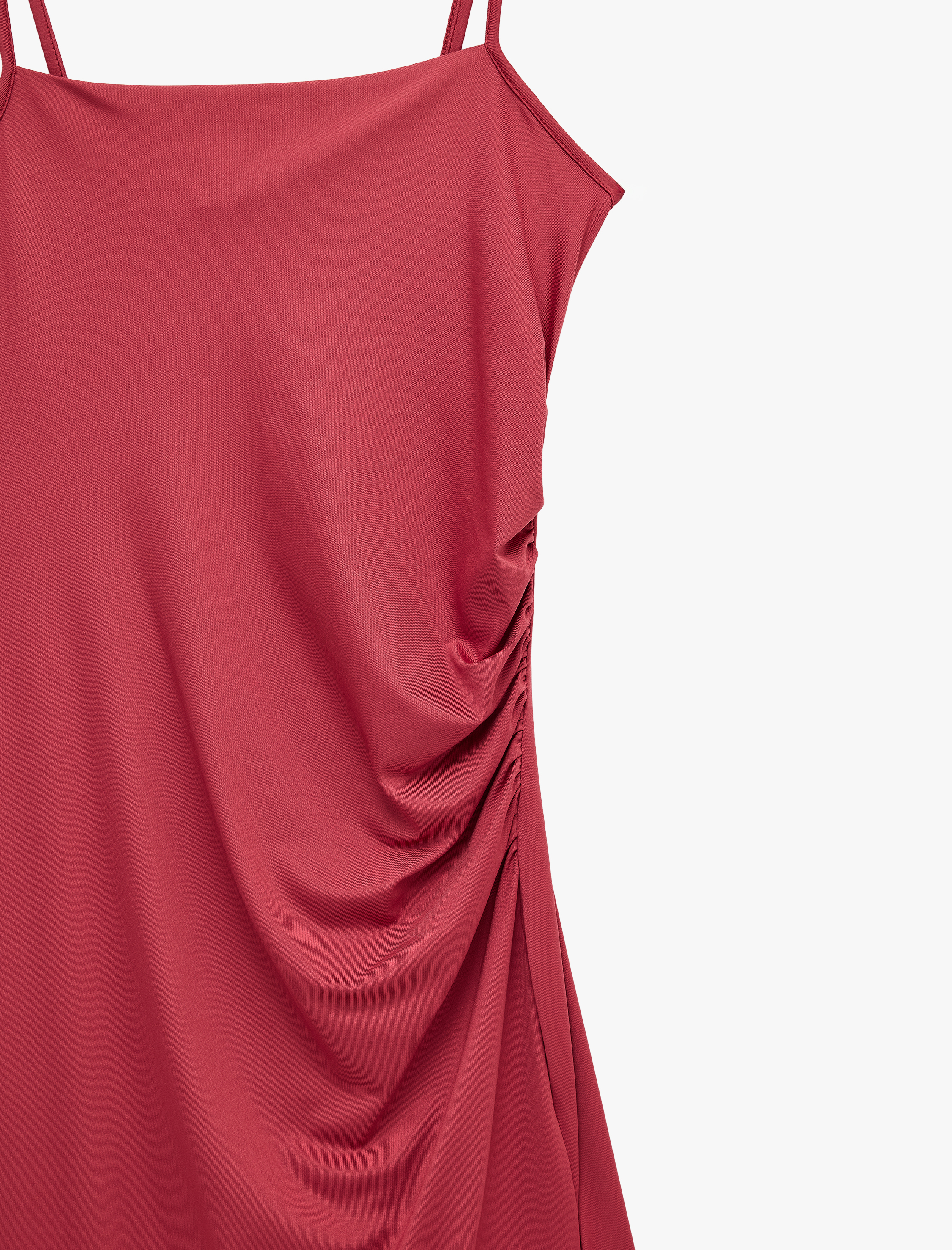   Slim Fit Drapeli Ön Yırtmaç Detaylı İp Askılı Midi Elbise