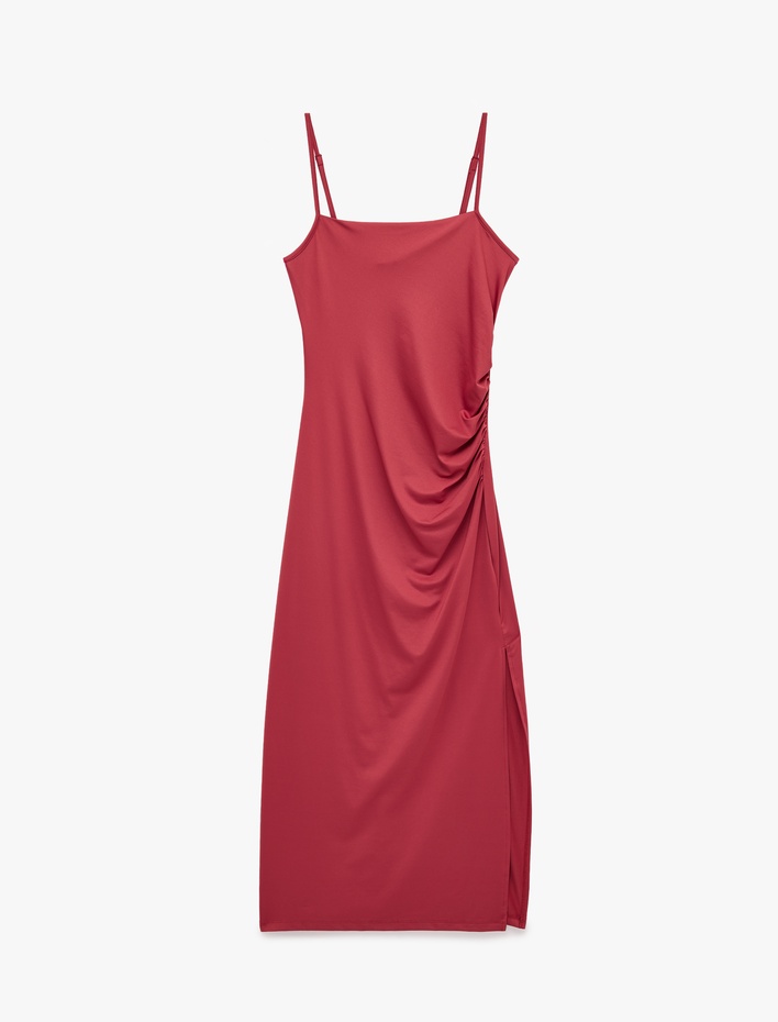  Slim Fit Drapeli Ön Yırtmaç Detaylı İp Askılı Midi Elbise