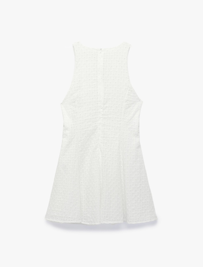  Pamuklu Kolsuz Fisto Brodeli Halter Yaka Mini Elbise
