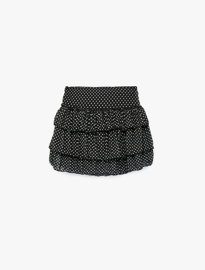  Slim Fit Kemerli Kat Kat Volümlü Fırfırlı Puantiyeli Tül Mini Etek