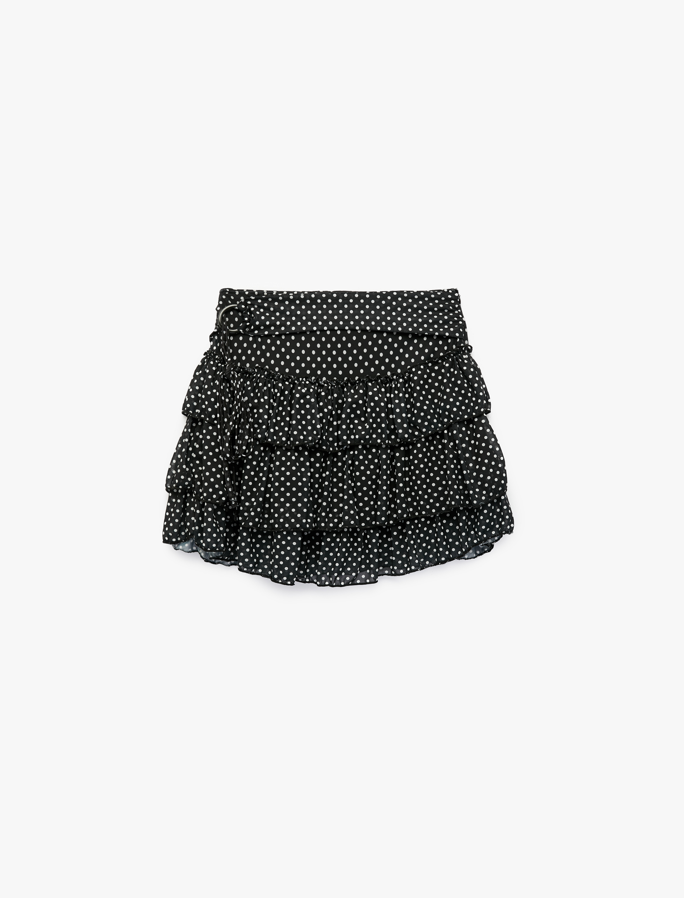   Slim Fit Kemerli Kat Kat Volümlü Fırfırlı Puantiyeli Tül Mini Etek