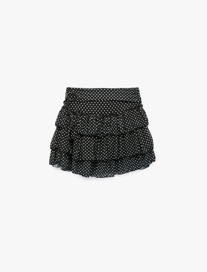  Slim Fit Kemerli Kat Kat Volümlü Fırfırlı Puantiyeli Tül Mini Etek
