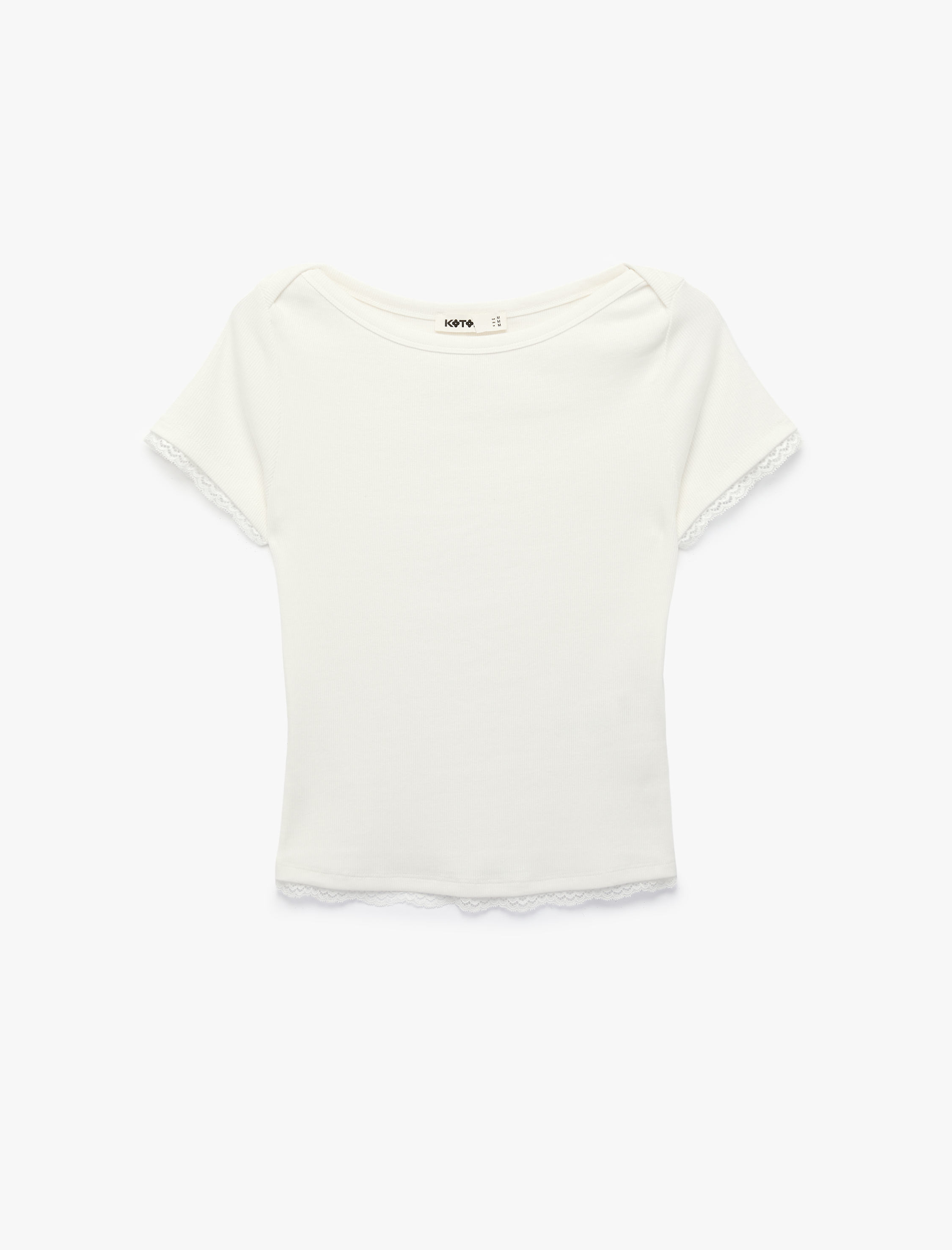   Pamuklu Slim Fit Dantel Detaylı Kısa Kollu Kayık Yaka Tişört