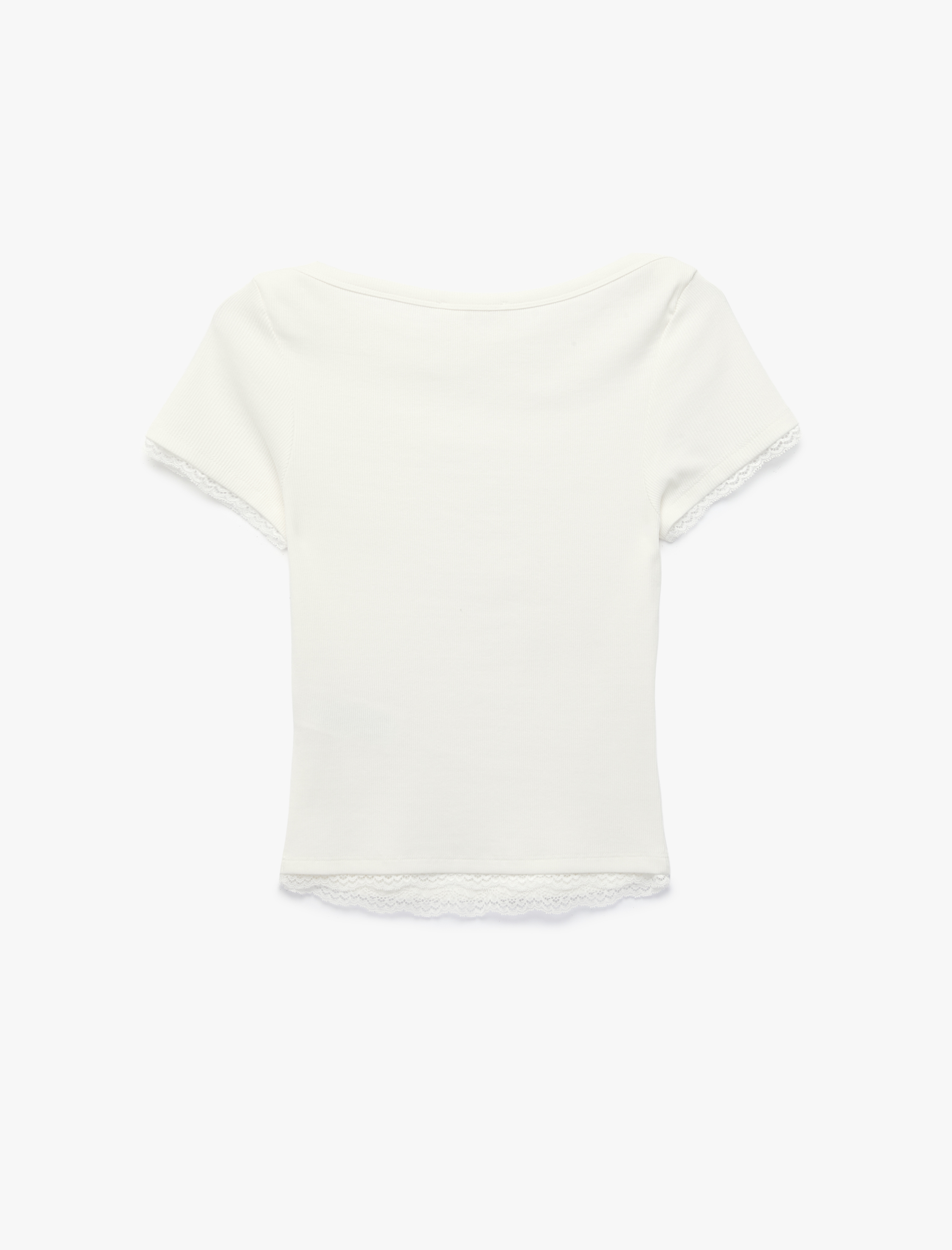  Pamuklu Slim Fit Dantel Detaylı Kısa Kollu Kayık Yaka Tişört