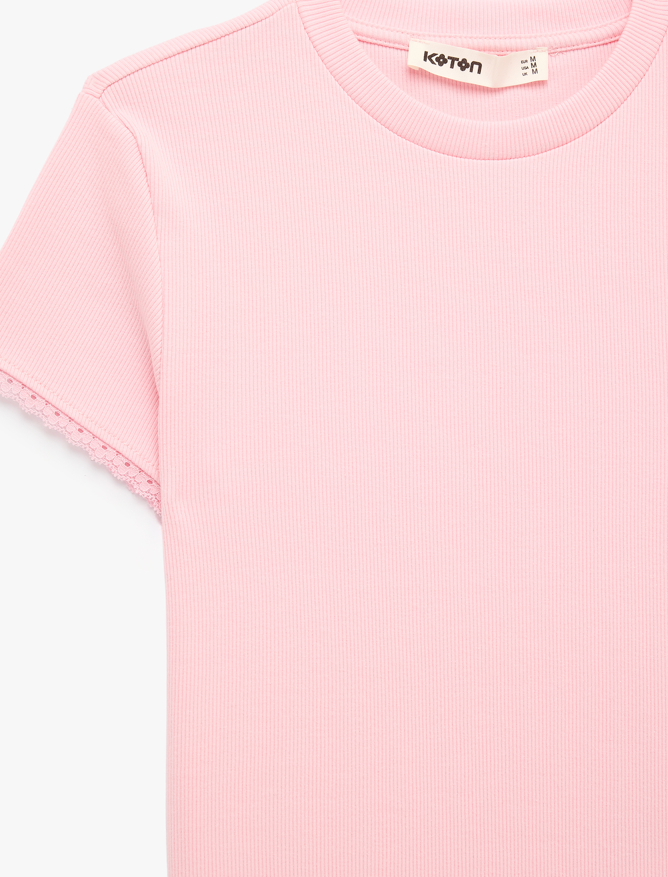   Ribanalı Pamuklu Slim Fit Bisiklet Yaka Kısa Kollu Dantel Detaylı Tişört