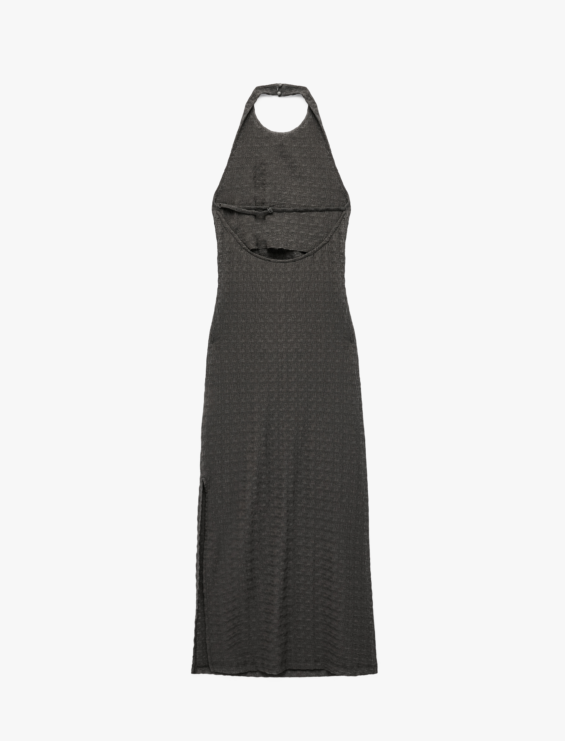   Bürümcük Kumaş Dokulu Slim Fit Sırt Detaylı Halter Yaka Midi Elbise