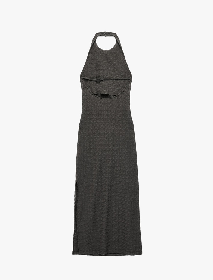  Bürümcük Kumaş Dokulu Slim Fit Sırt Detaylı Halter Yaka Midi Elbise