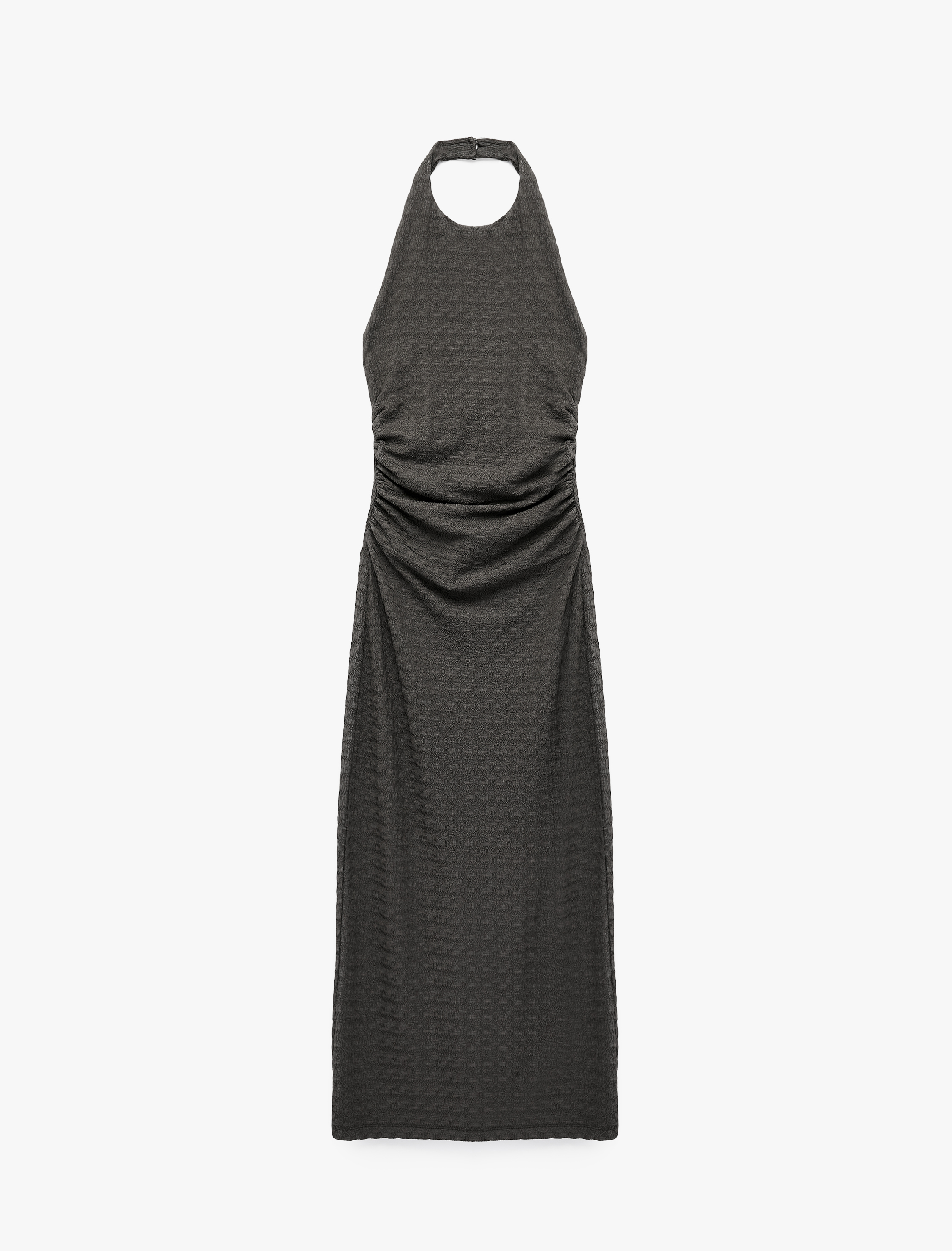  Bürümcük Kumaş Dokulu Slim Fit Sırt Detaylı Halter Yaka Midi Elbise