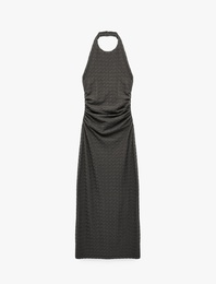 Bürümcük Kumaş Dokulu Slim Fit Sırt Detaylı Halter Yaka Midi Elbise