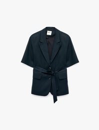 Viskon Karışımlı Kemer Detaylı Geniş Yaka Blazer Ceket