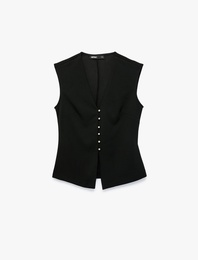 Krep Scuba Kumaş Slim Fit Düğmeli V Yaka Yelek