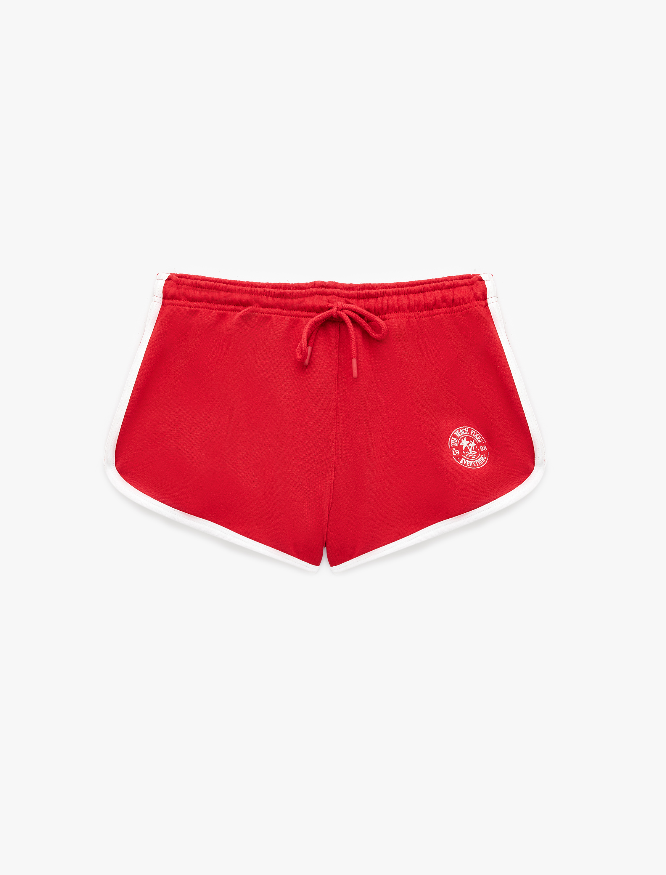   Nakışlı Pamuklu Biyeli Beli Bağcıklı Mini Şort