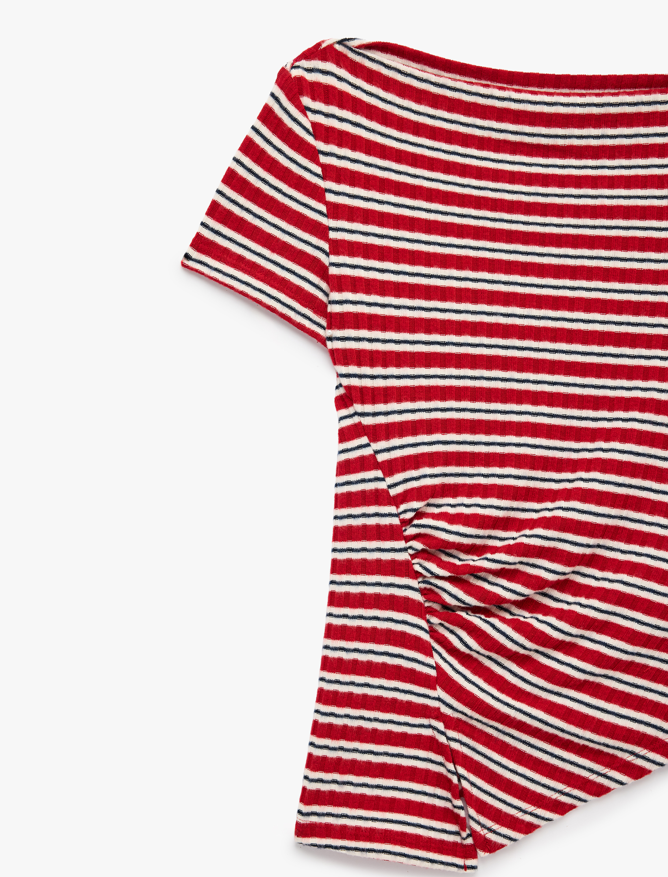   Slim Fit Kısa Kollu Bisiklet Yaka Asimetrik Çizgili Drapeli Bluz