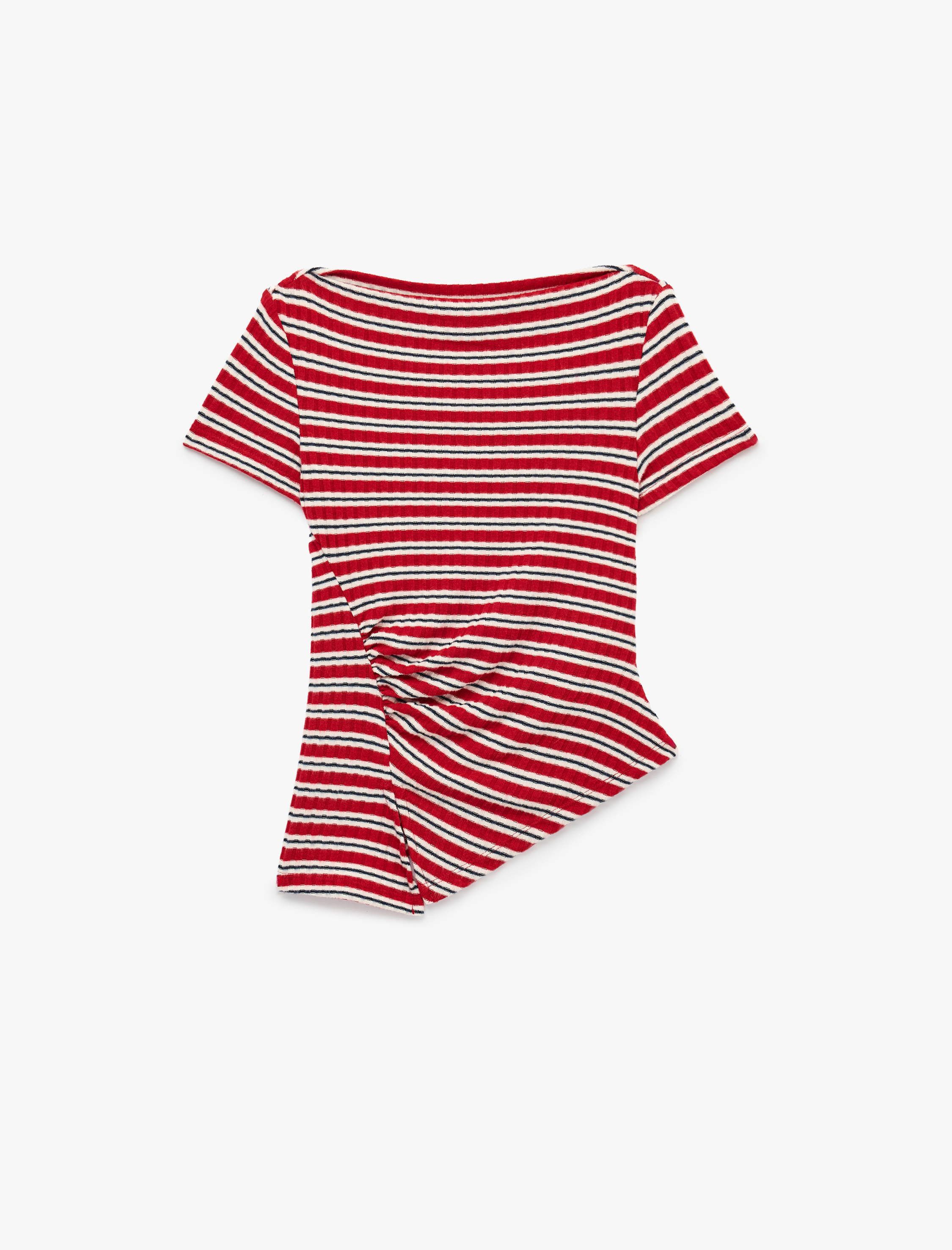   Slim Fit Kısa Kollu Bisiklet Yaka Asimetrik Çizgili Drapeli Bluz