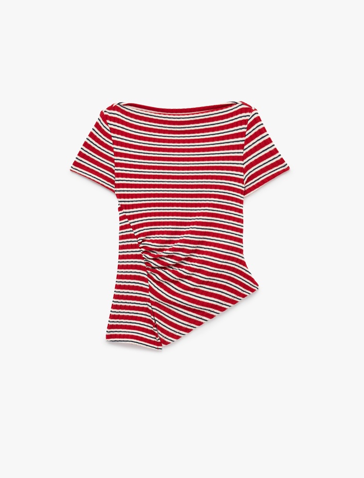  Slim Fit Kısa Kollu Bisiklet Yaka Asimetrik Çizgili Drapeli Bluz