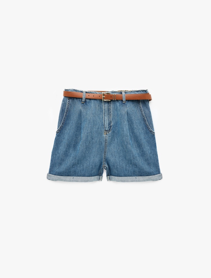  Rahat Kalıp Duble Paça Cepli Kemerli Mini Jean Şort