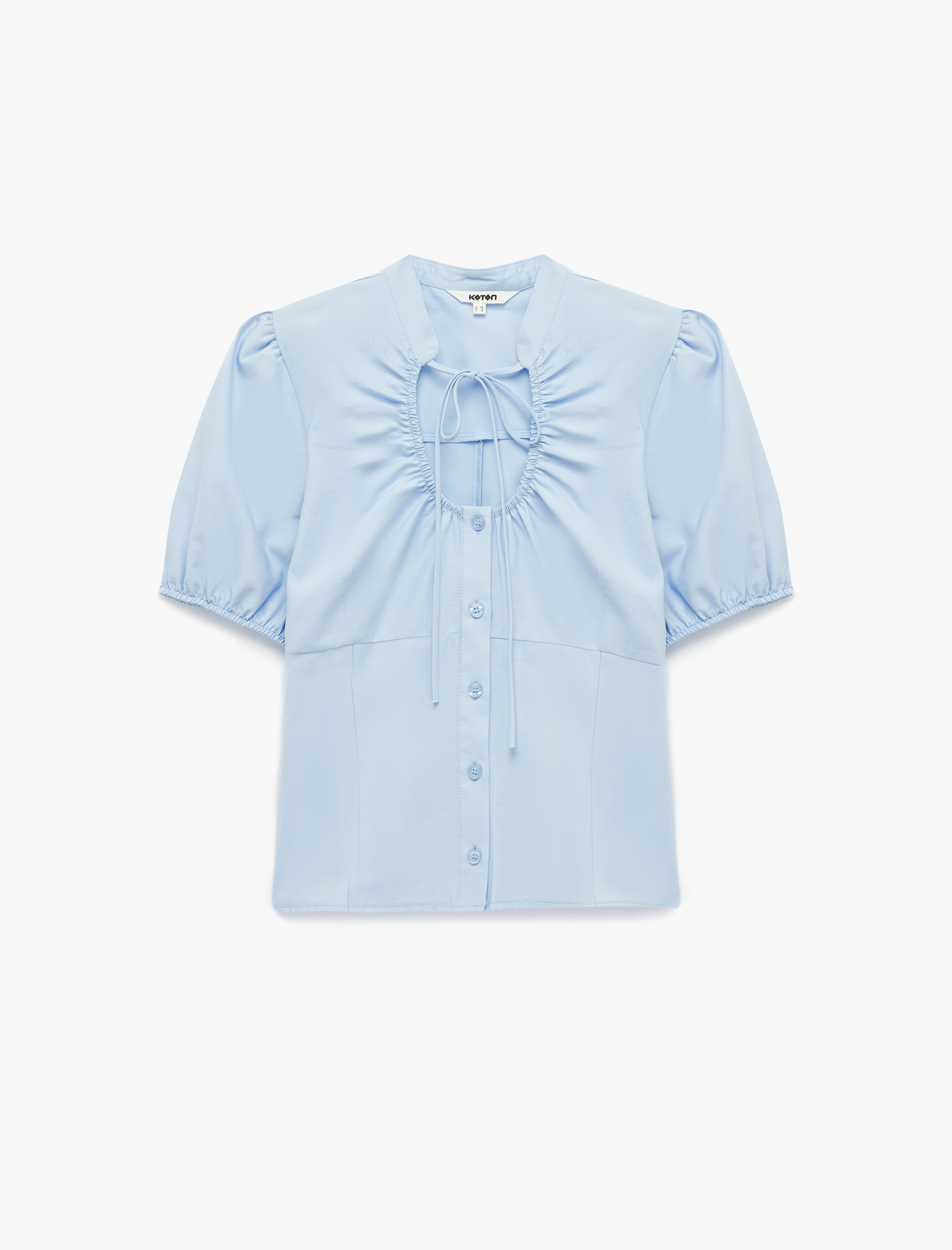   Koton X Sibil Çetinkaya - Pamuklu Slim Fit Kısa Kollu Büzgülü Yaka Poplin Gömlek