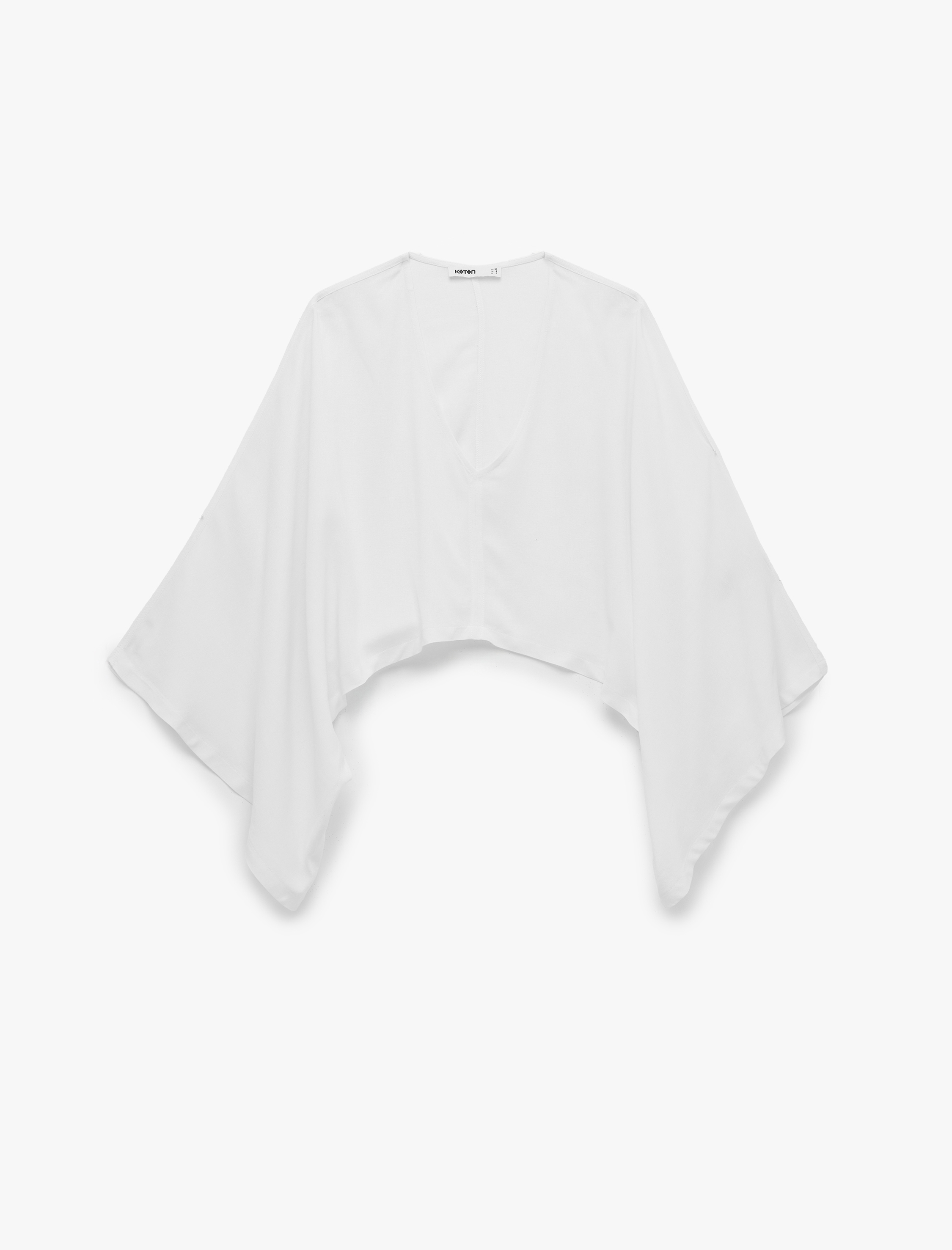   Keten Karışımlı Geniş Yarasa Kol Asimetrik Kesim Dökümlü V Yaka Panço Crop Bluz