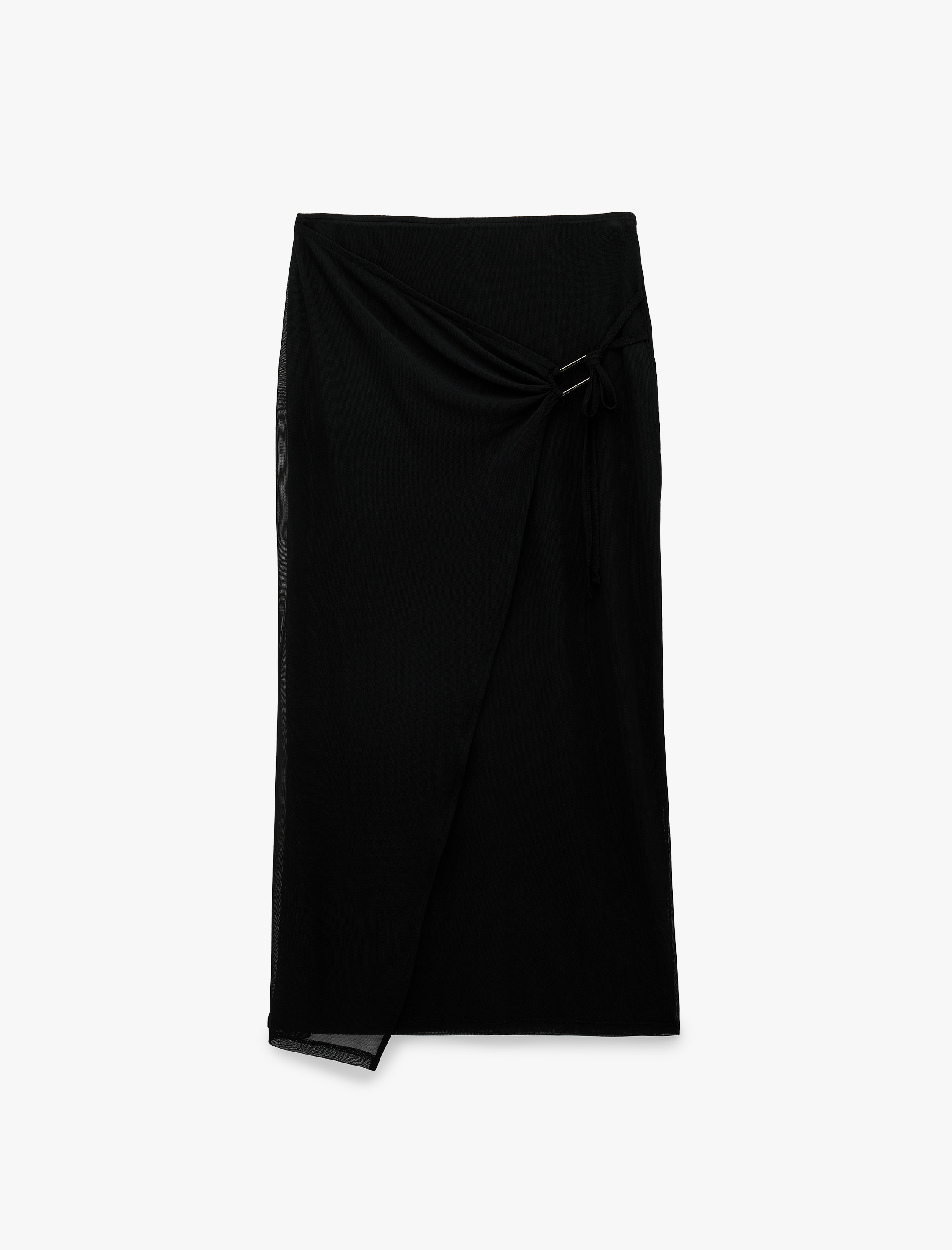   Slim Fit Bağlamalı Toka Detaylı Tül Midi Etek