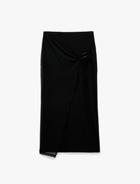 Slim Fit Bağlamalı Toka Detaylı Tül Midi Etek