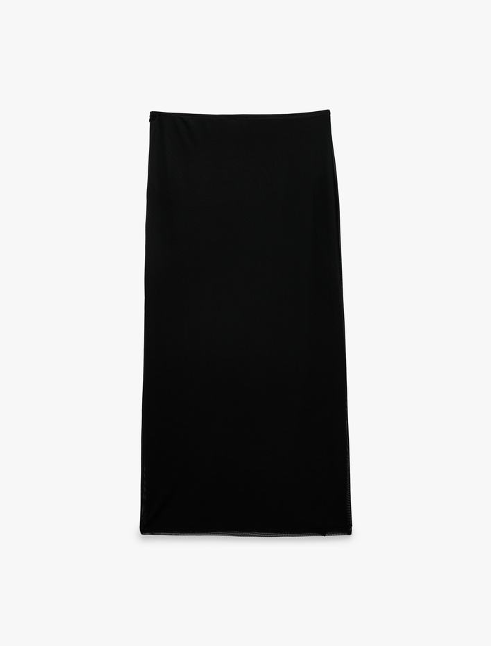  Slim Fit Bağlamalı Toka Detaylı Tül Midi Etek