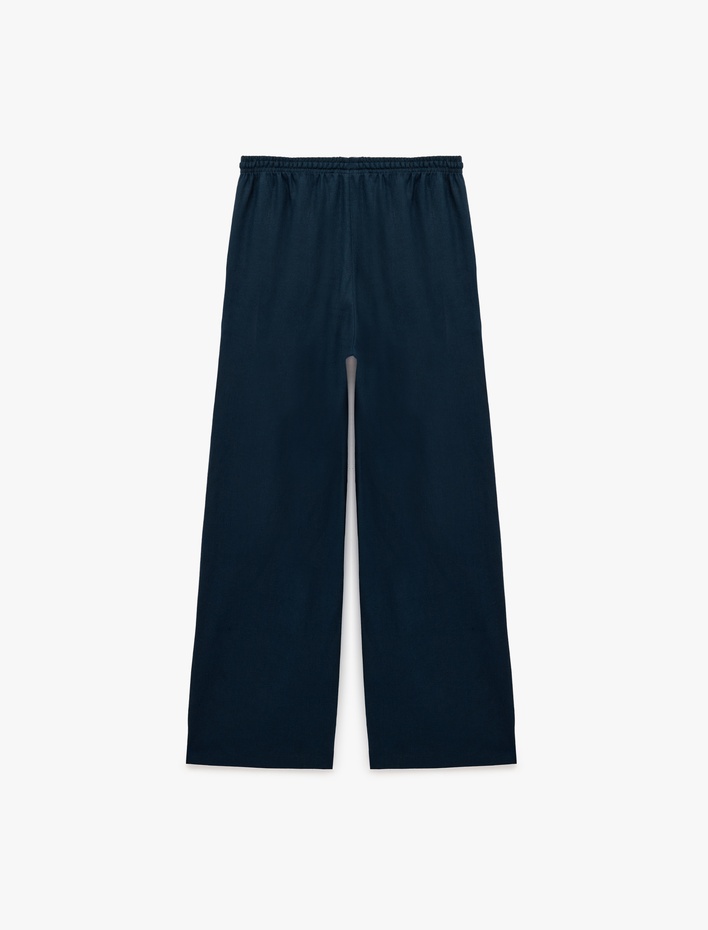  Viskon Keten Karışımlı Beli Bağcıklı Geniş Paça Pantolon