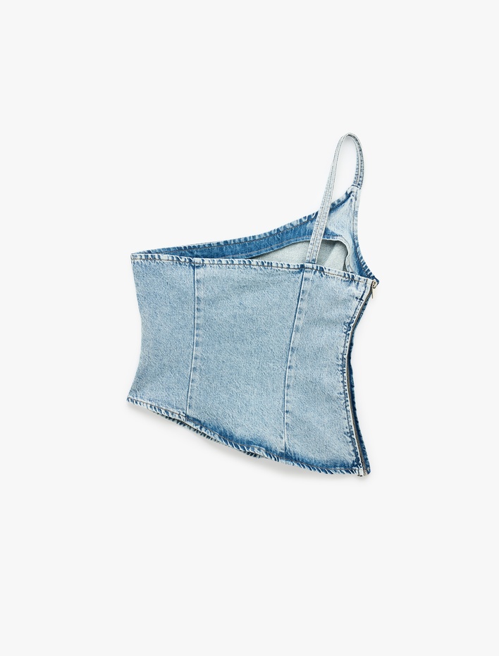  Rahat Kalıp Taş Detaylı Pamuklu Fermuarlı Askılı Asimetrik Denim Bluz